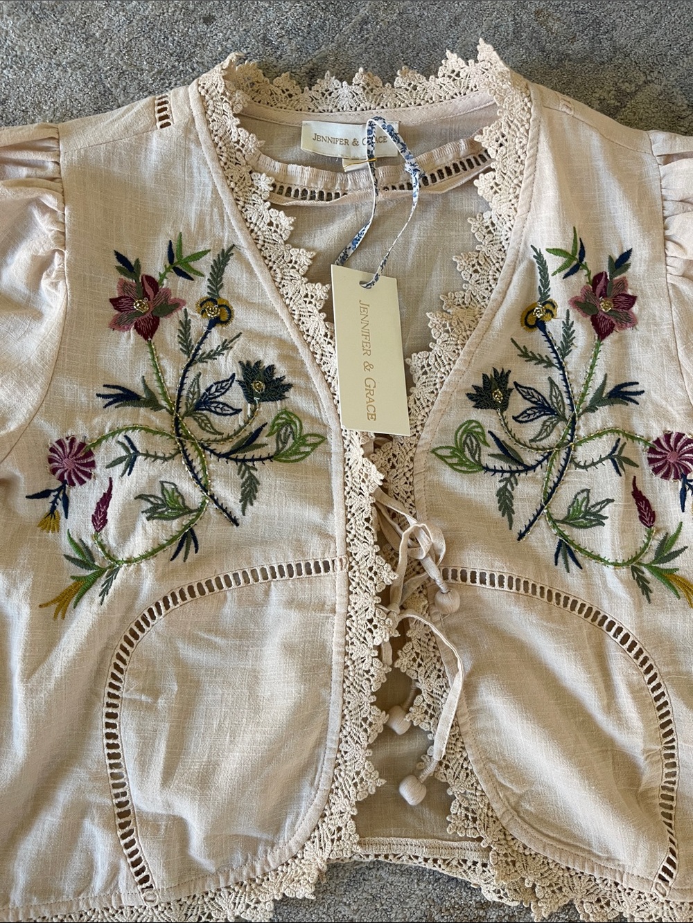 Embroidered Lace-Trim Cropped Blouse - Light Cream - Picture 2 of 7